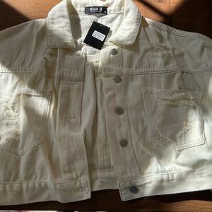 White jean distressed jacket with sequin fringe- brand new size M/L